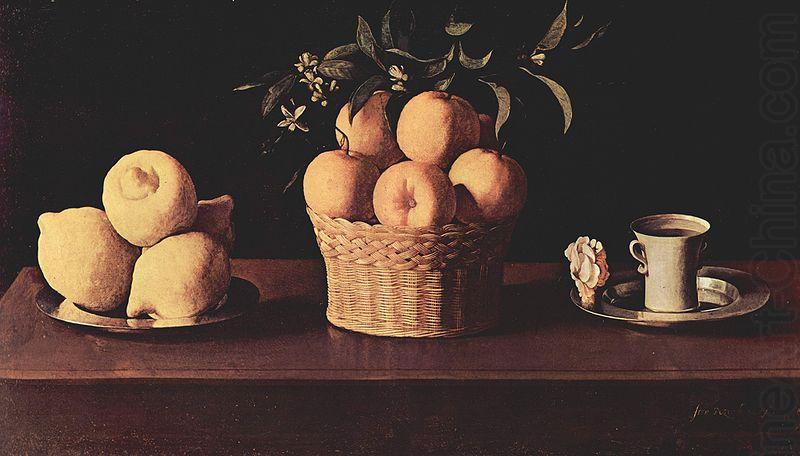 Francisco de Zurbaran Plato con limones cesta con naranjas y taza con una rosa china oil painting image